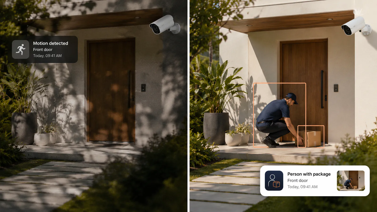 Split comparison: motion alert vs person-with-package detection