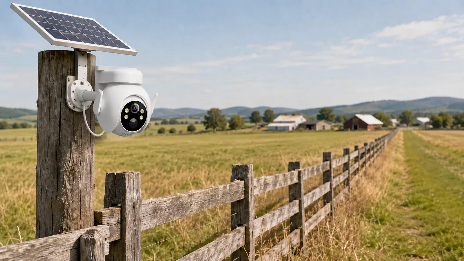 Solar AI security camera mounted on a wooden fence at the edge of a rural property