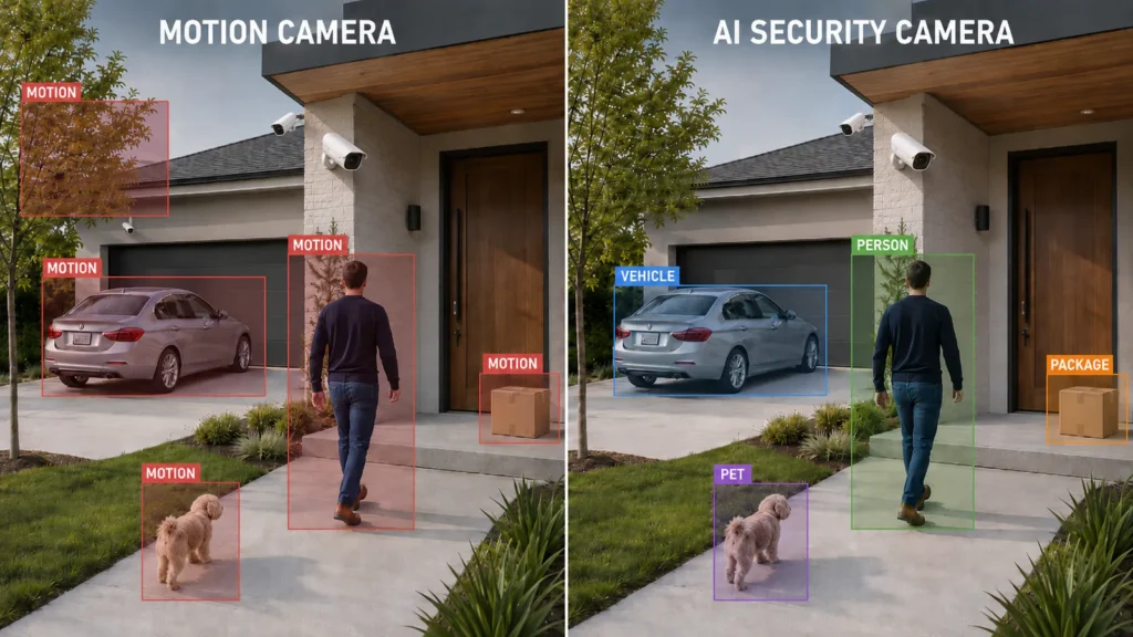 Two camera views side by side: motion-only red boxes vs AI-classified colored boxes