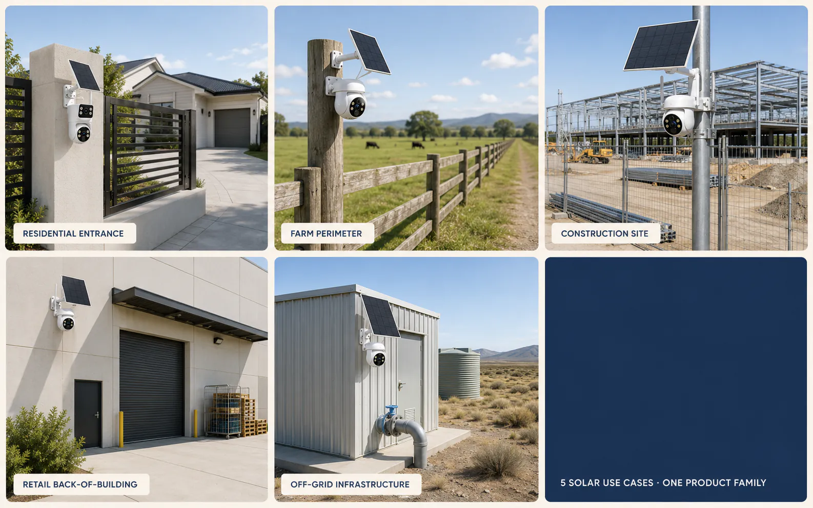 Five solar security camera use cases: home entrance, farm, construction, retail back, off-grid pump station