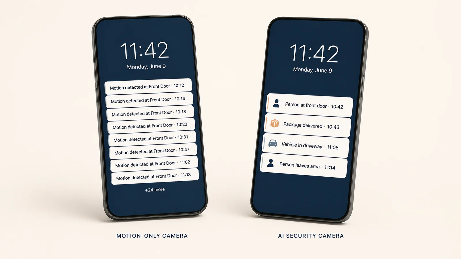 Two phone lock screens: stacked motion alerts vs four specific event notifications