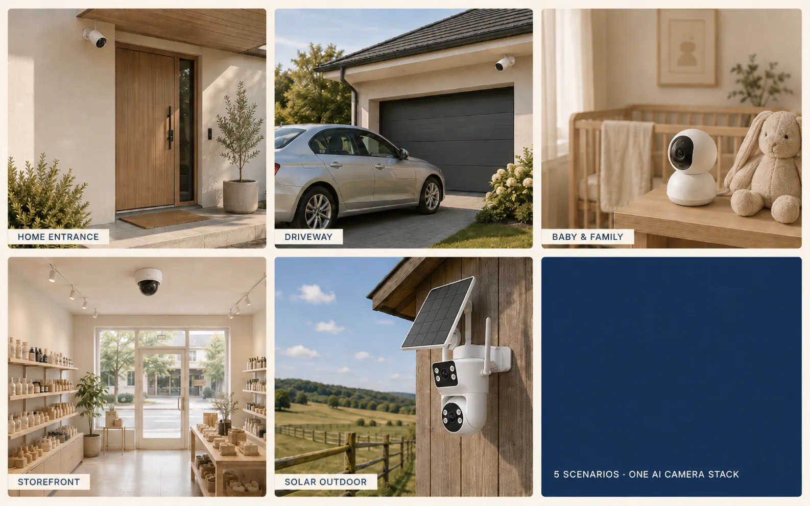 Six-tile grid: home entrance, driveway, nursery, storefront, solar outdoor