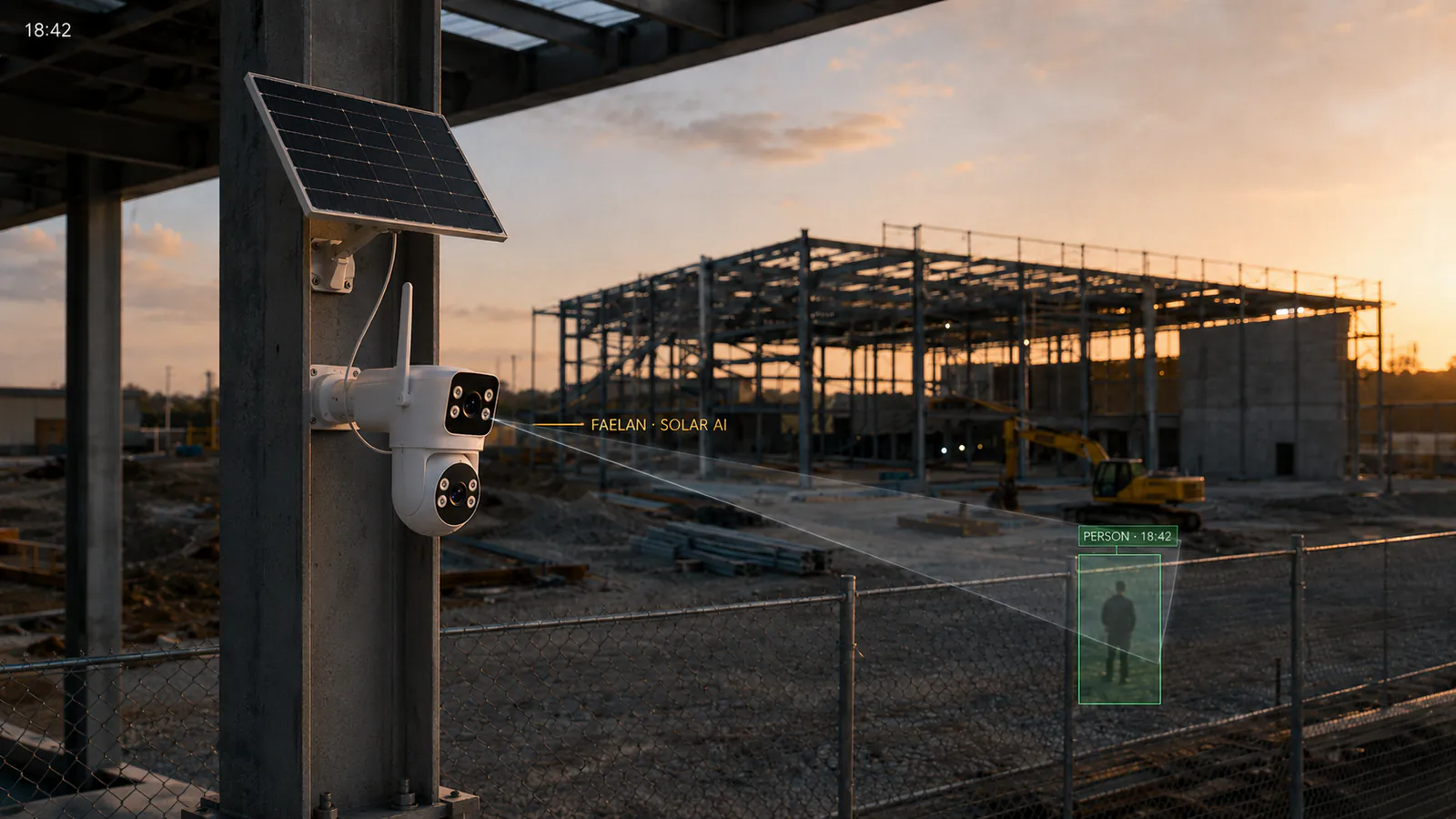 FAELAN FLC-900PS dual-lens solar PTZ camera mounted on a construction site fence with a person detection overlay