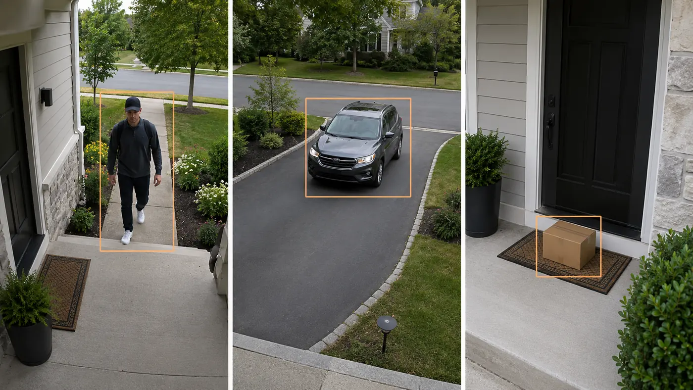 AI camera detection examples including person vehicle package and cry alerts