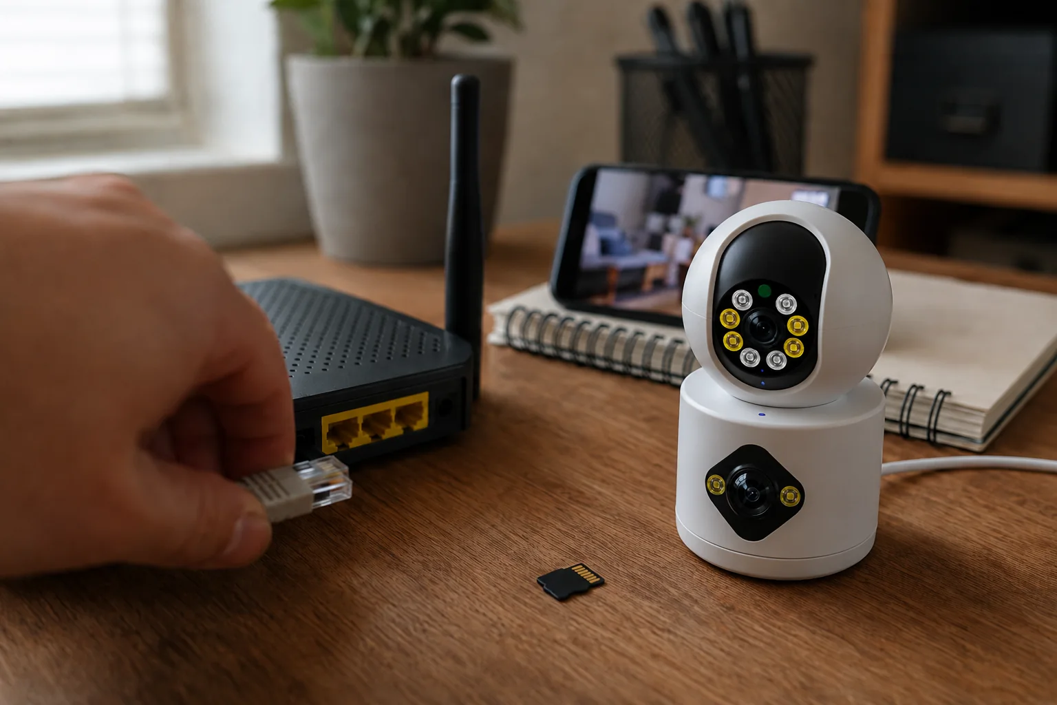 Hand unplugging an ethernet cable from a router beside an indoor AI camera with its status light on and a microSD card on the desk