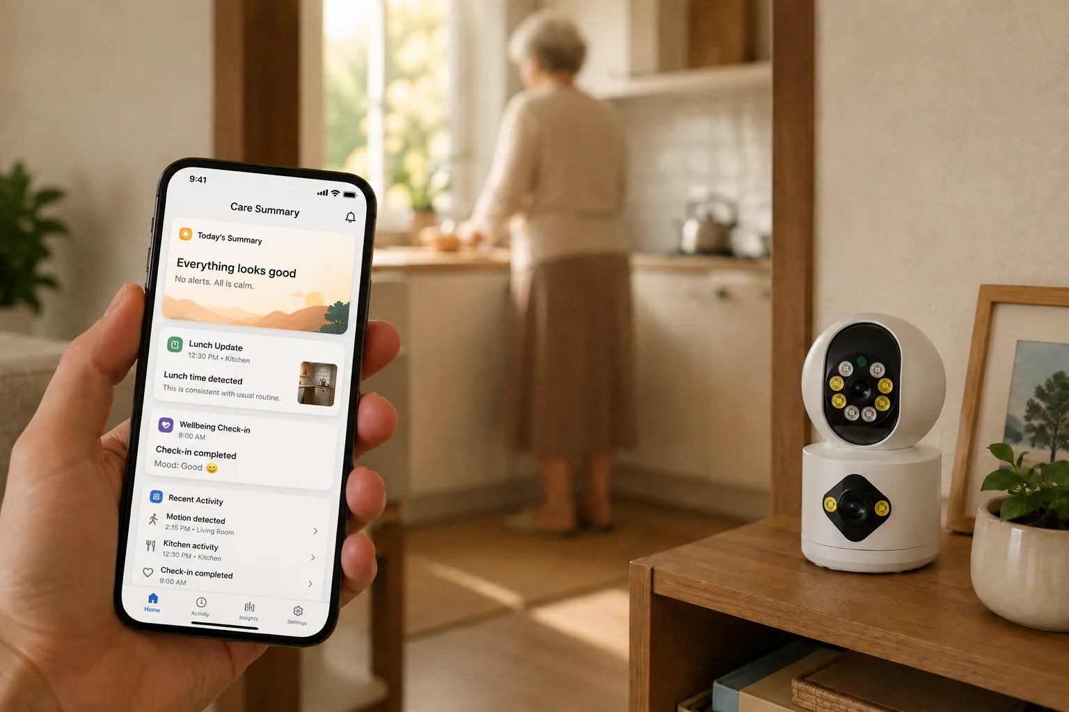 Phone showing an AI care summary - everything looks good, lunch detected - while an elderly woman cooks in the background watched by an indoor camera