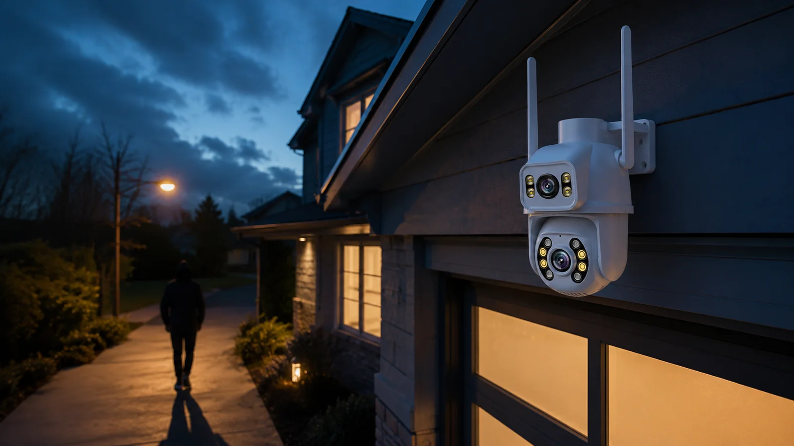 White dual-lens outdoor AI camera mounted above a garage at dusk as a figure walks up the driveway