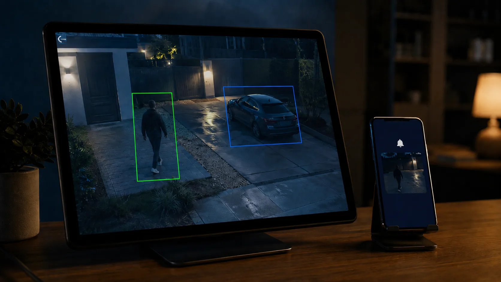 Tablet showing a security camera view with AI boxes around a person and a car, and a phone with a single tidy alert