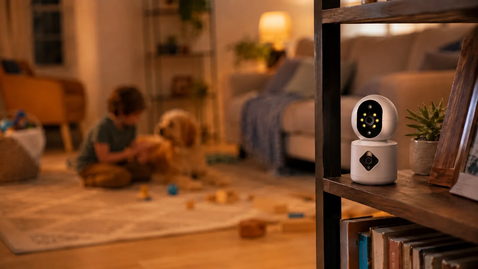 AI security camera on a living-room shelf quietly watching a child and dog play in warm evening light