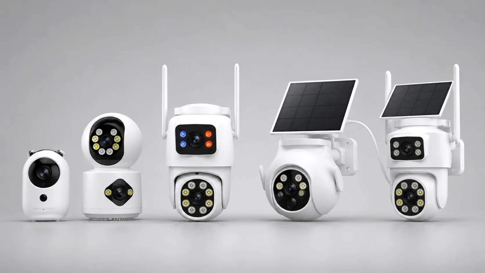 Row of white AI security cameras - indoor, dual-lens outdoor and solar - arranged as a brand lineup