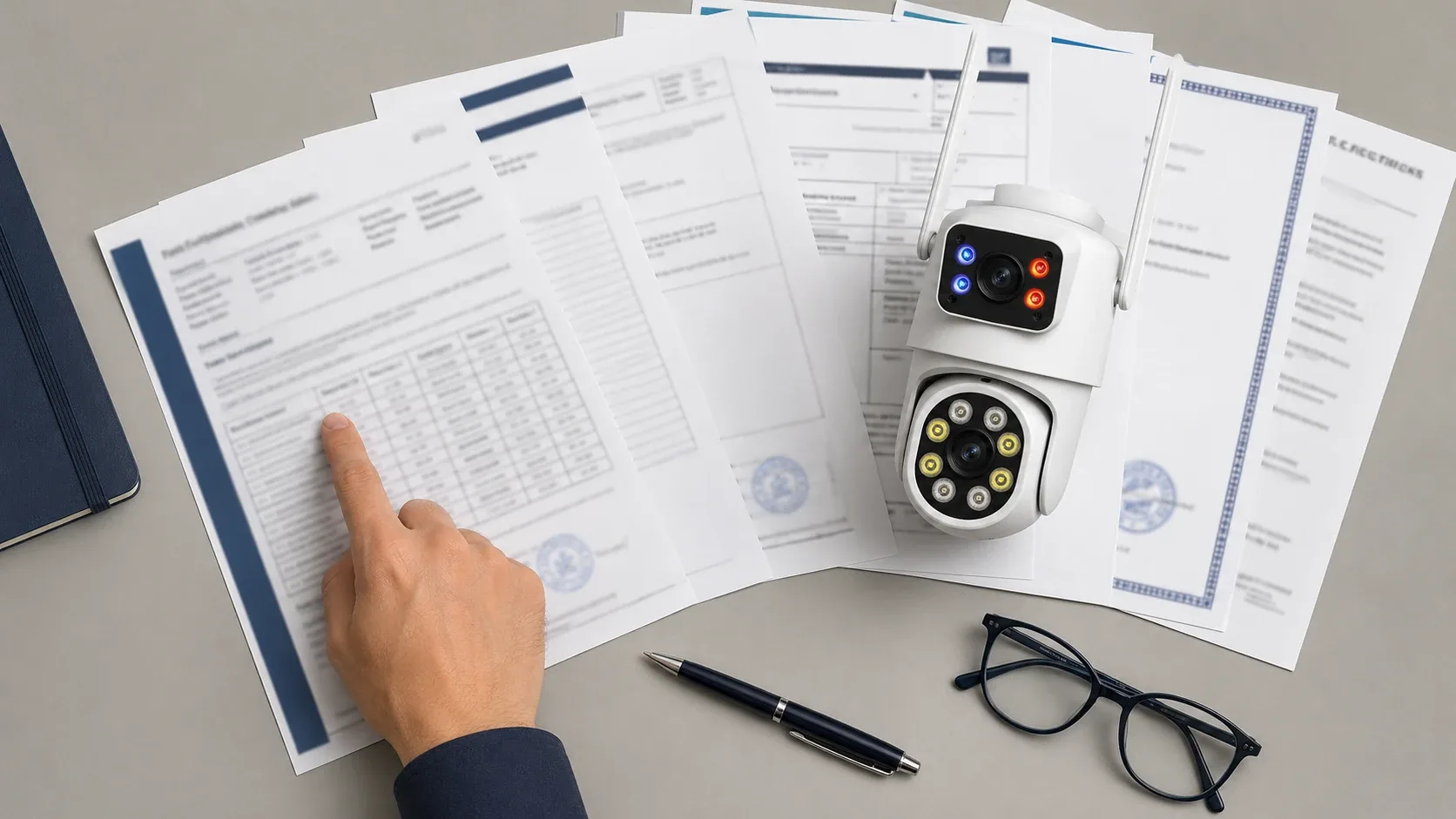 Buyer cross-checking FCC, CE and RoHS test report documents for a security camera, viewed from above
