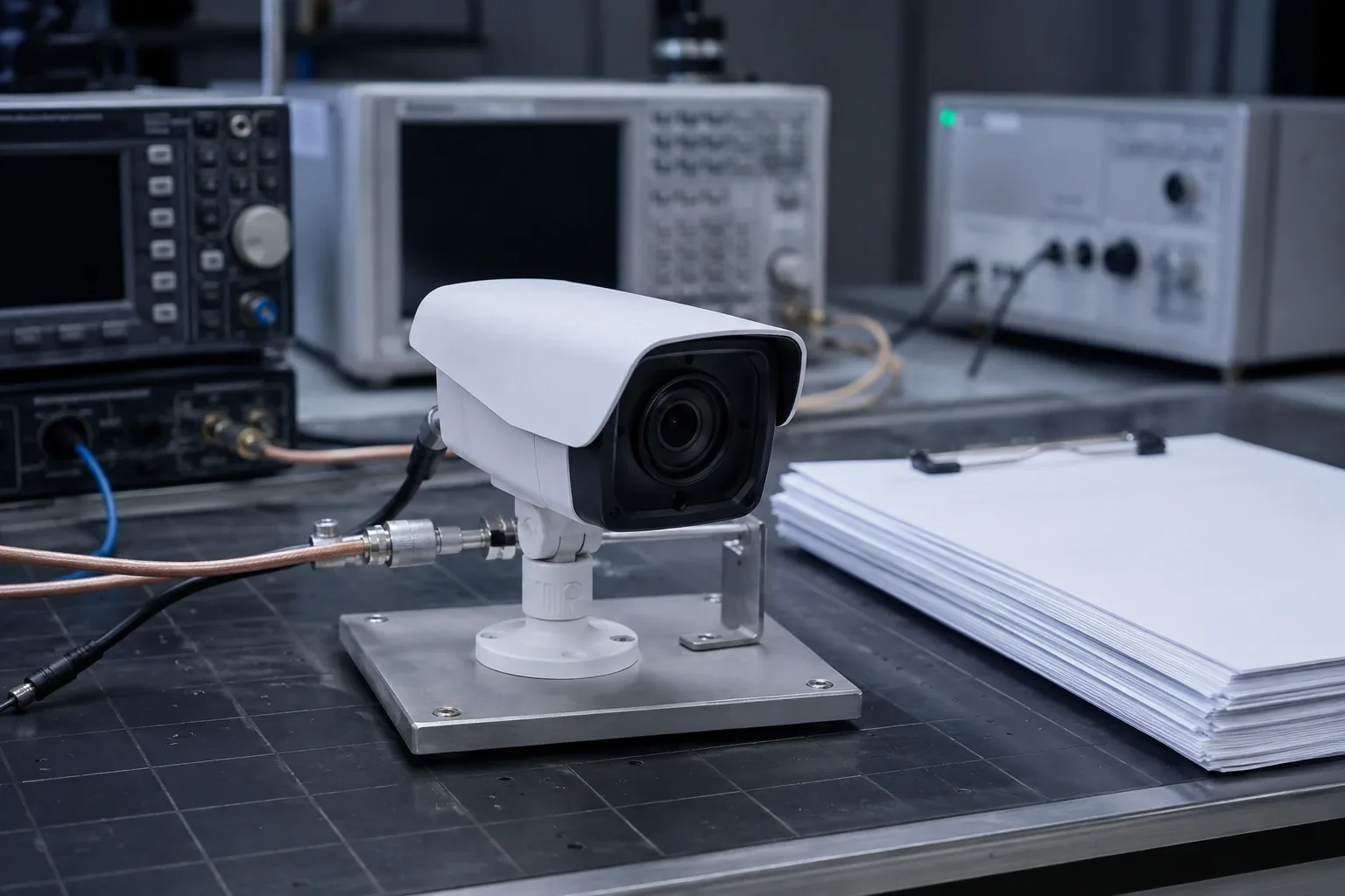 Security camera fixed in a compliance test rig beside stamped certification documents on a laboratory bench