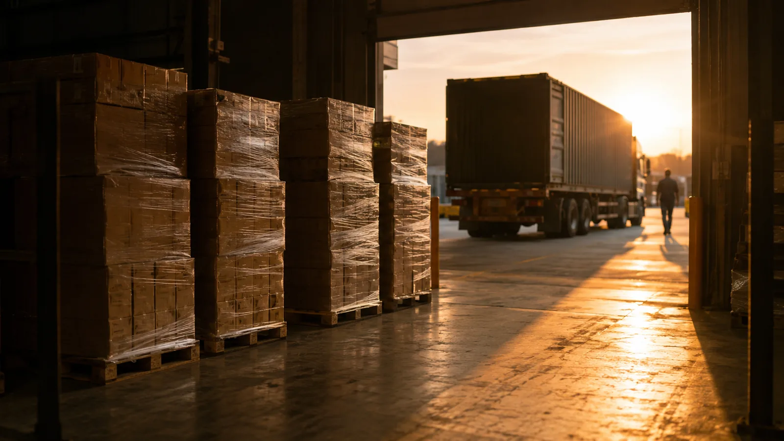 Shrink-wrapped pallets of cartons staged at a factory loading dock during golden hour