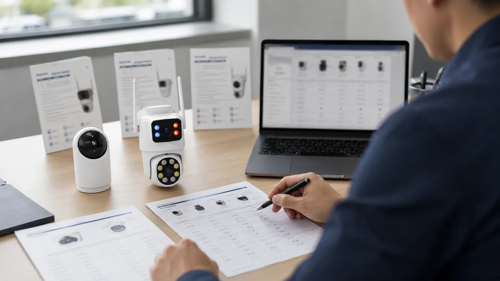 B2B sourcing manager comparing security camera supplier spec sheets and samples on an office desk