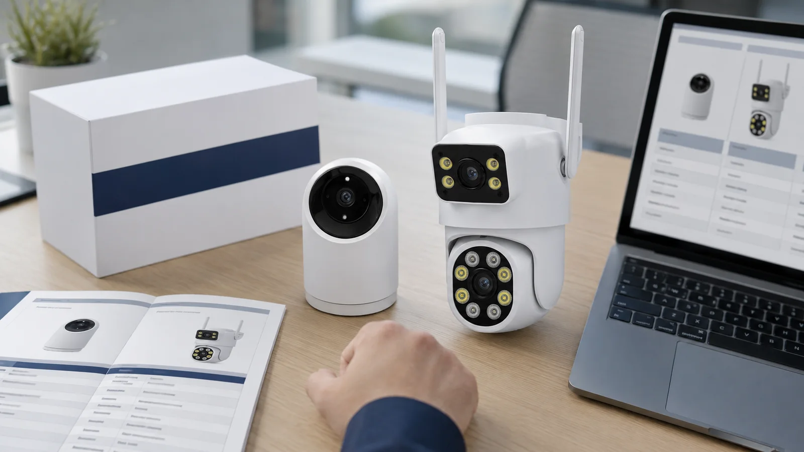 Two FAELAN security cameras, a blank-brand box and a comparison laptop on an office desk as a buyer weighs OEM vs ODM