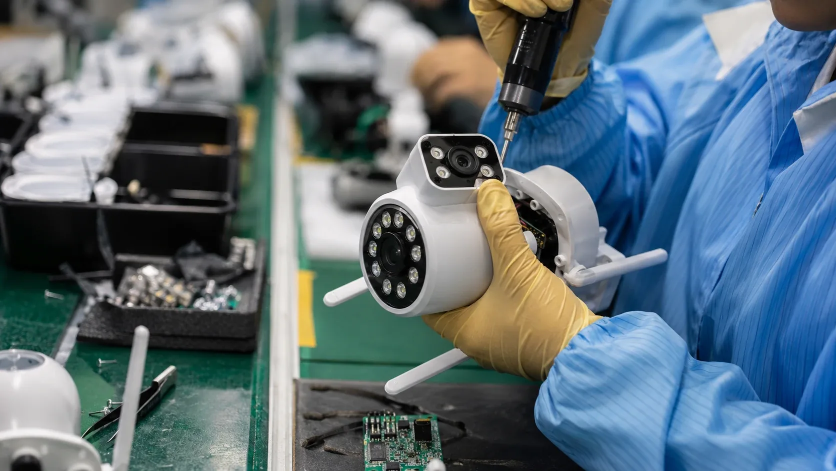 Technician assembling a white security camera module on an SMT production line in an electronics factory