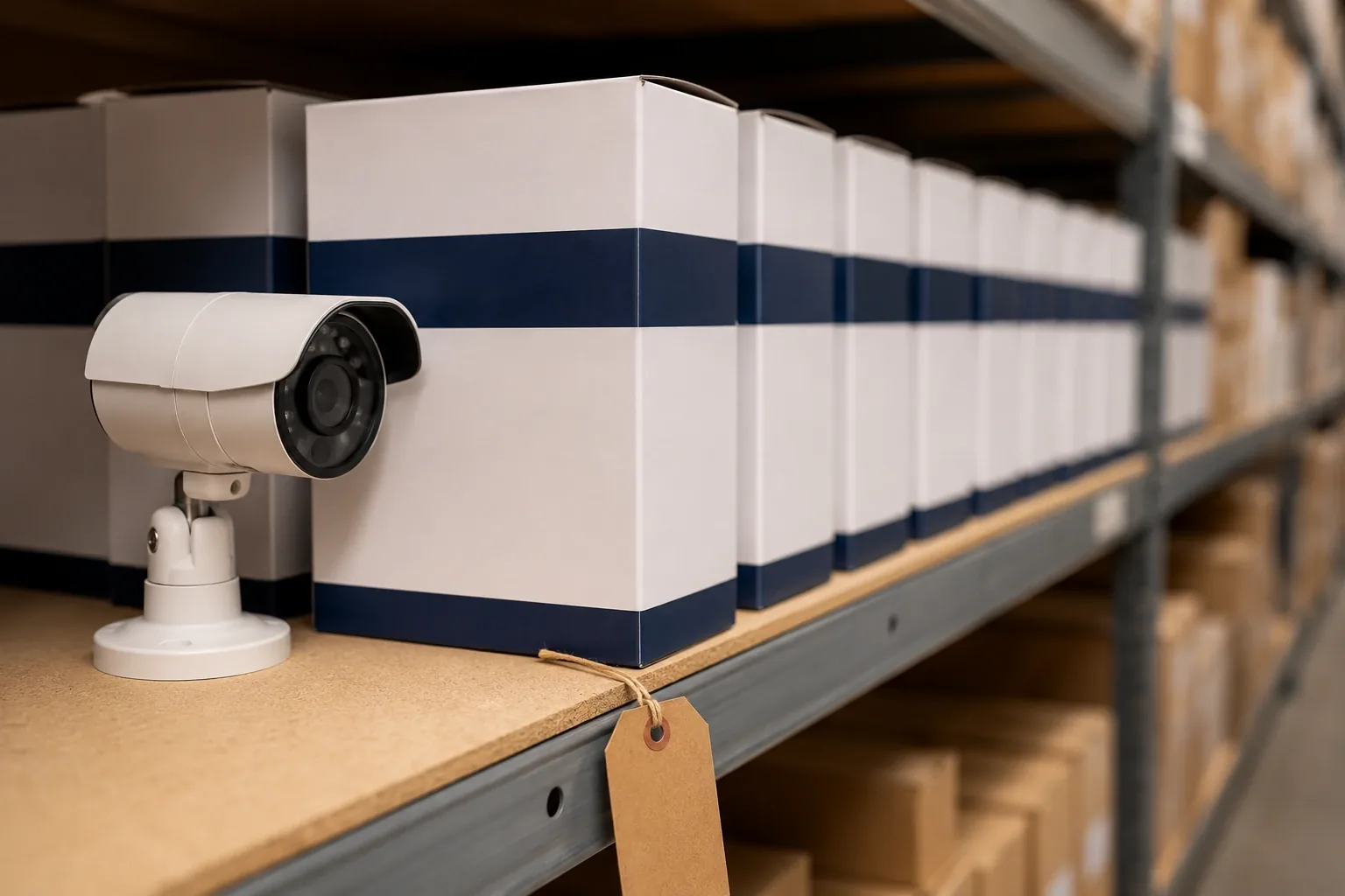 Rows of one customer's branded camera packaging held on a warehouse shelf with a reservation tag, ready for reorder