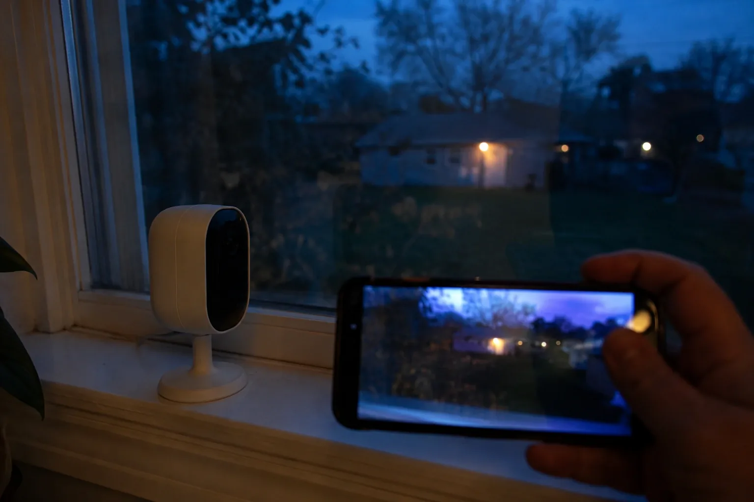 Testing a security camera sample on a windowsill at dusk with its live view glowing on a phone