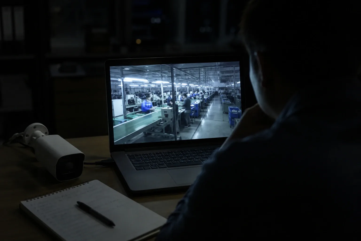 Buyer on a late-night video call inspecting a distant factory production line on a laptop screen