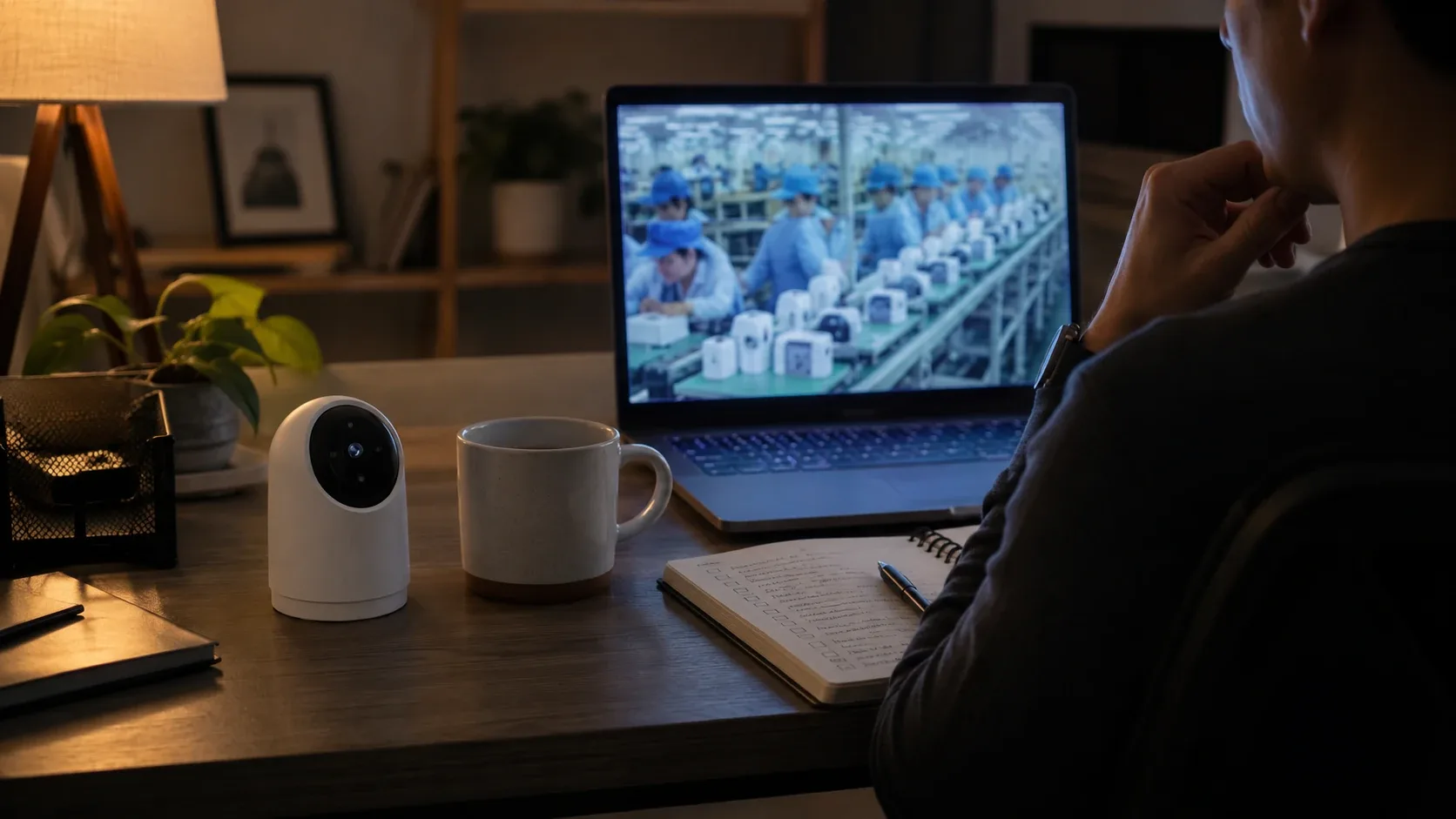 Buyer running a remote factory audit on a video call showing a camera production line on a laptop screen
