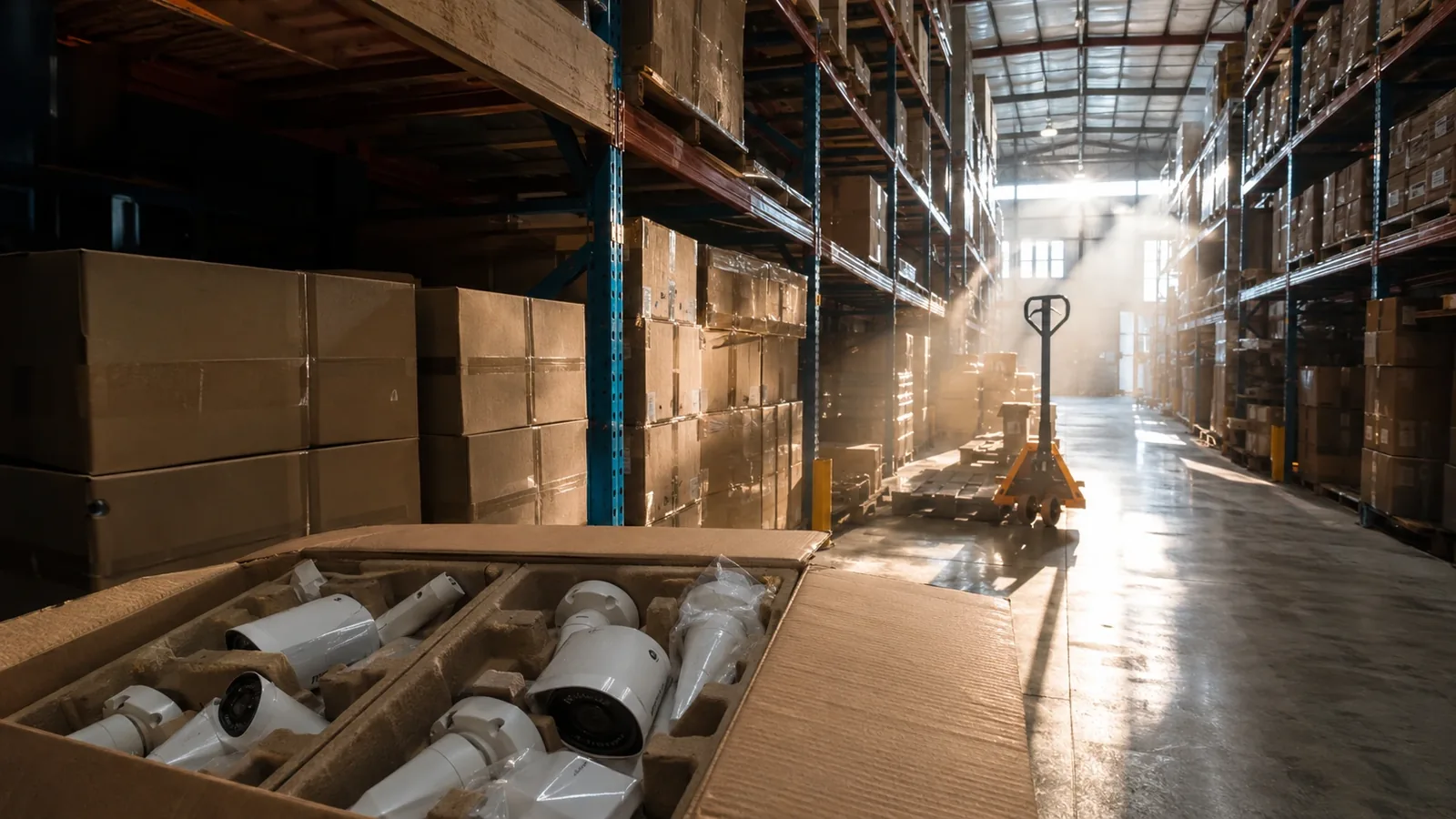 Distribution warehouse aisle at early morning with an opened carton of white security cameras in the foreground