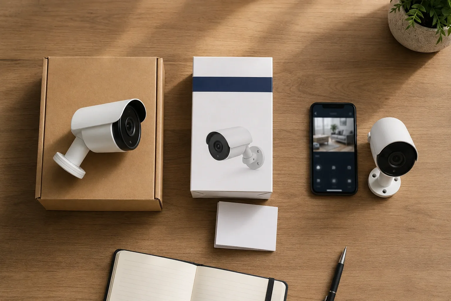 Sourcing desk arranged in three groups: stock carton, branded retail box, and smartphone with camera app