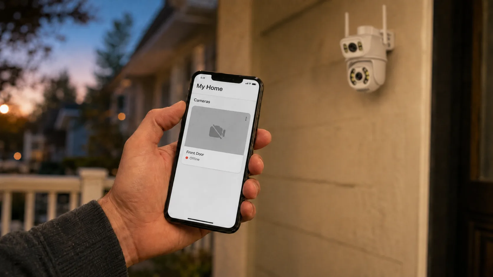 Hand holding a phone showing a home-security app with the front-door camera offline, a WiFi camera mounted on the wall behind