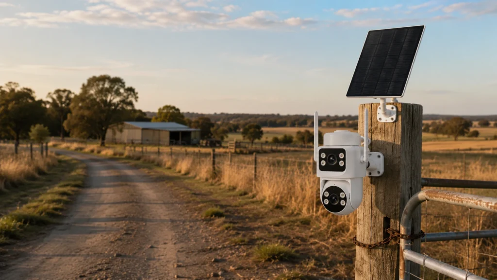 Solar security camera installed on a remote gate where running power would be difficult
