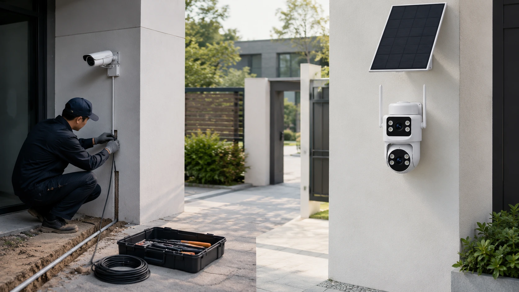 Installed-cost comparison between wired outdoor camera work and a solar camera installation