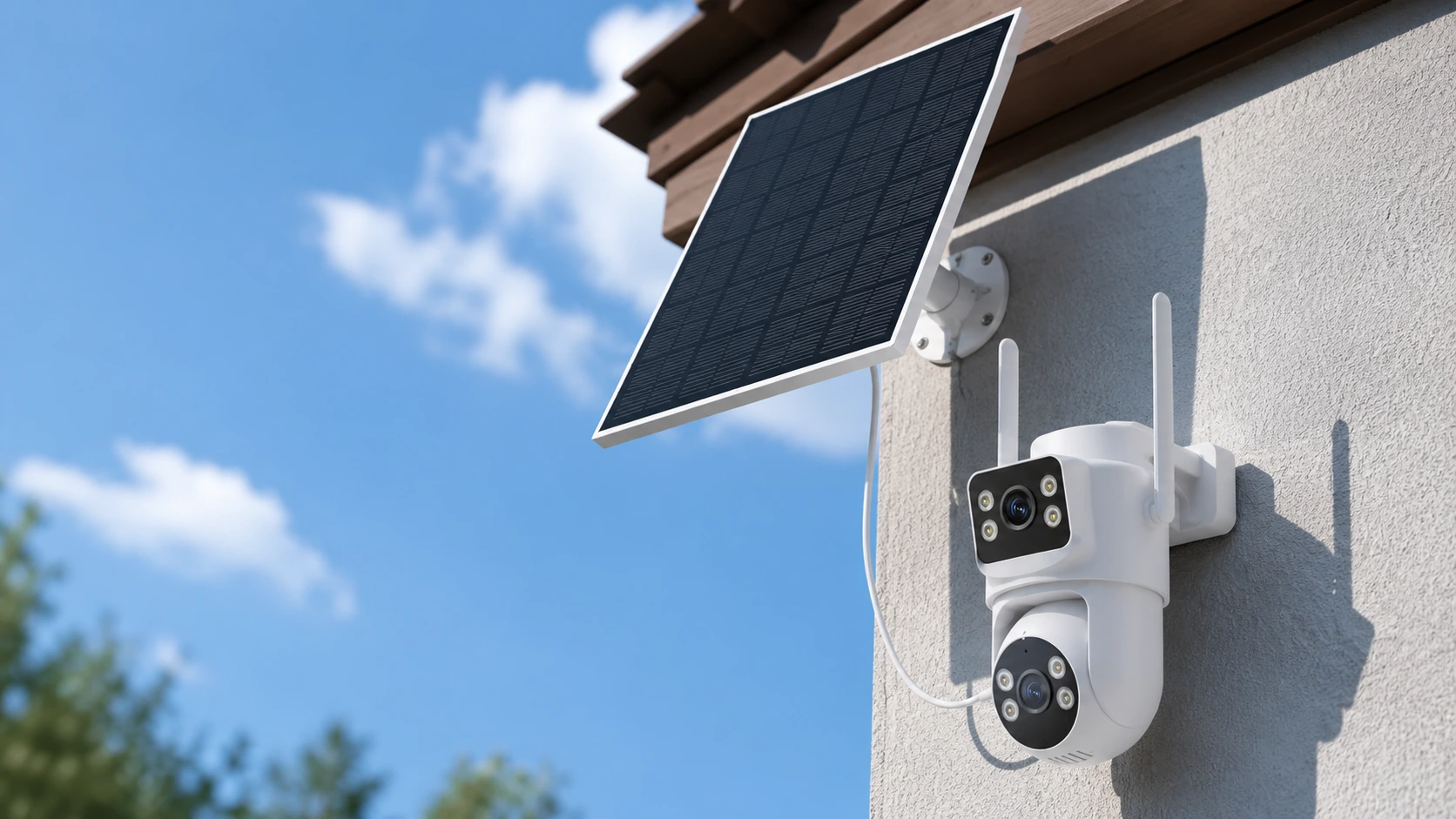 Solar camera panel angled toward open sky with no shade blocking the panel