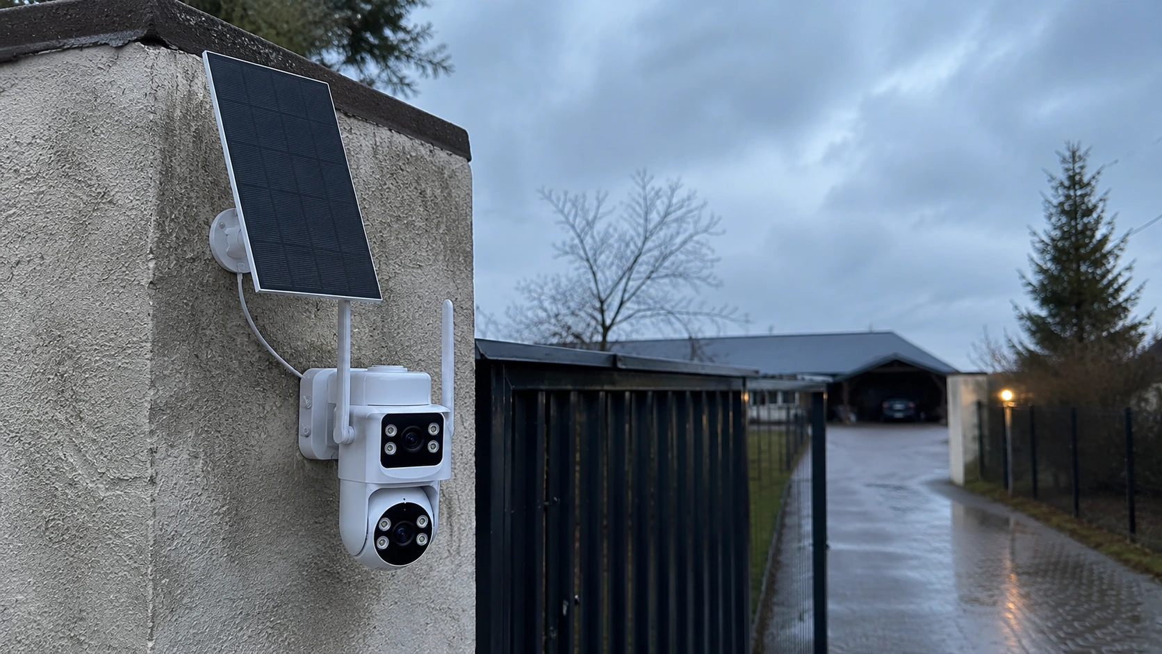 Solar security camera operating on an overcast outdoor site with panel facing open sky