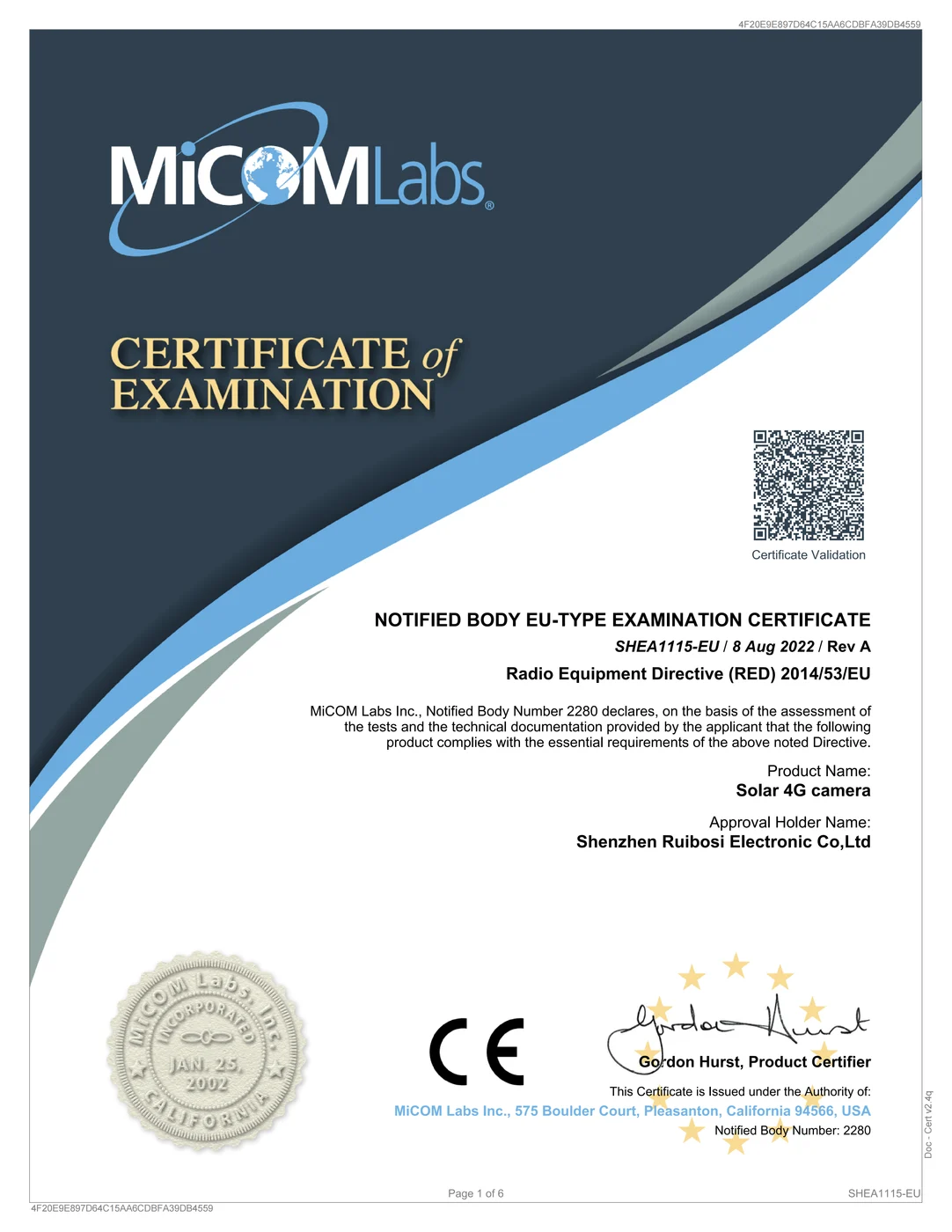 CE — Solar 4G certificate — FAELAN