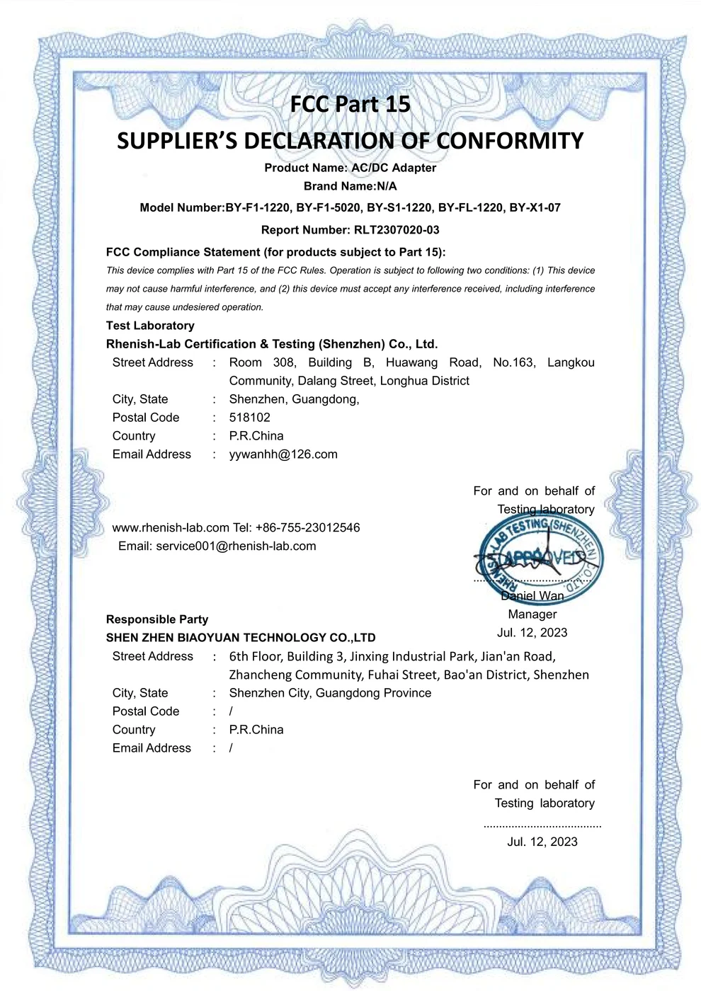 FCC certificate — FAELAN