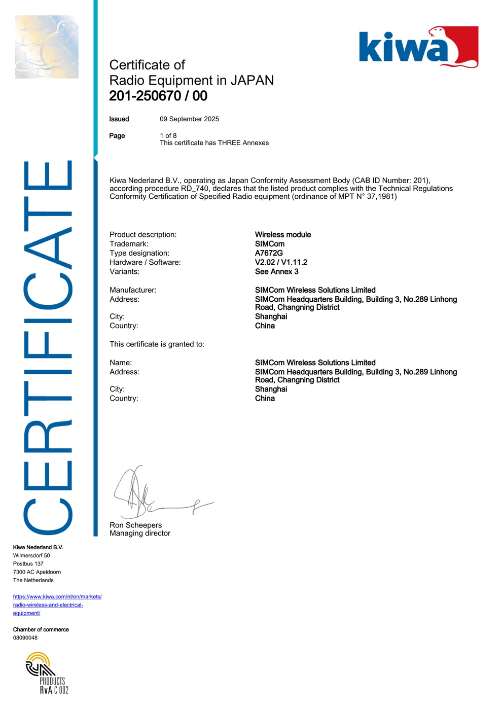 TELEC certificate — FAELAN