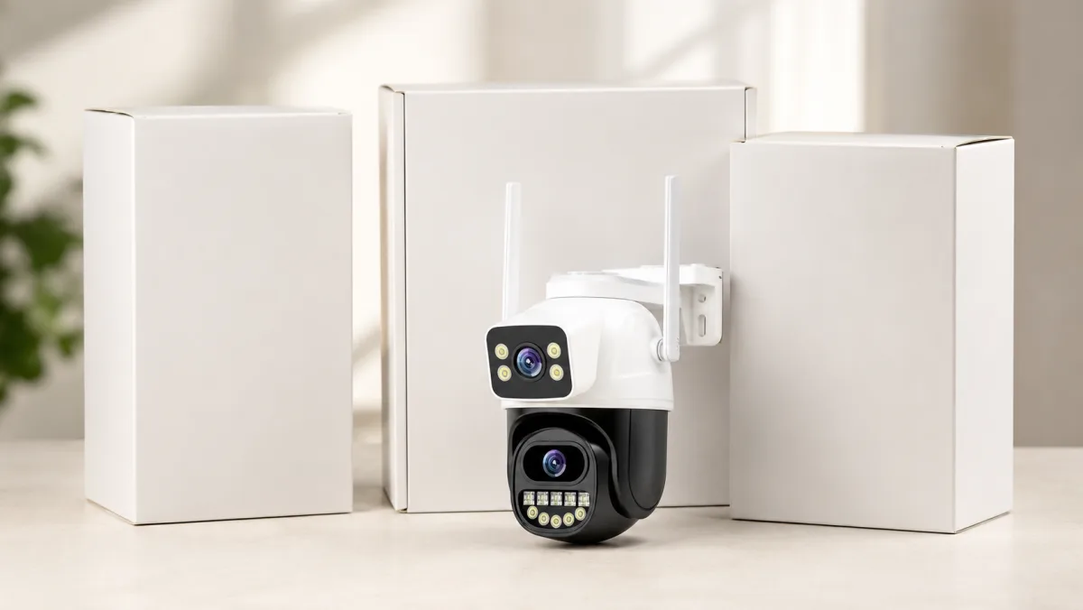 Blank unbranded retail boxes beside a FAELAN dual-lens outdoor security camera, ready for a seller's own private-label brand