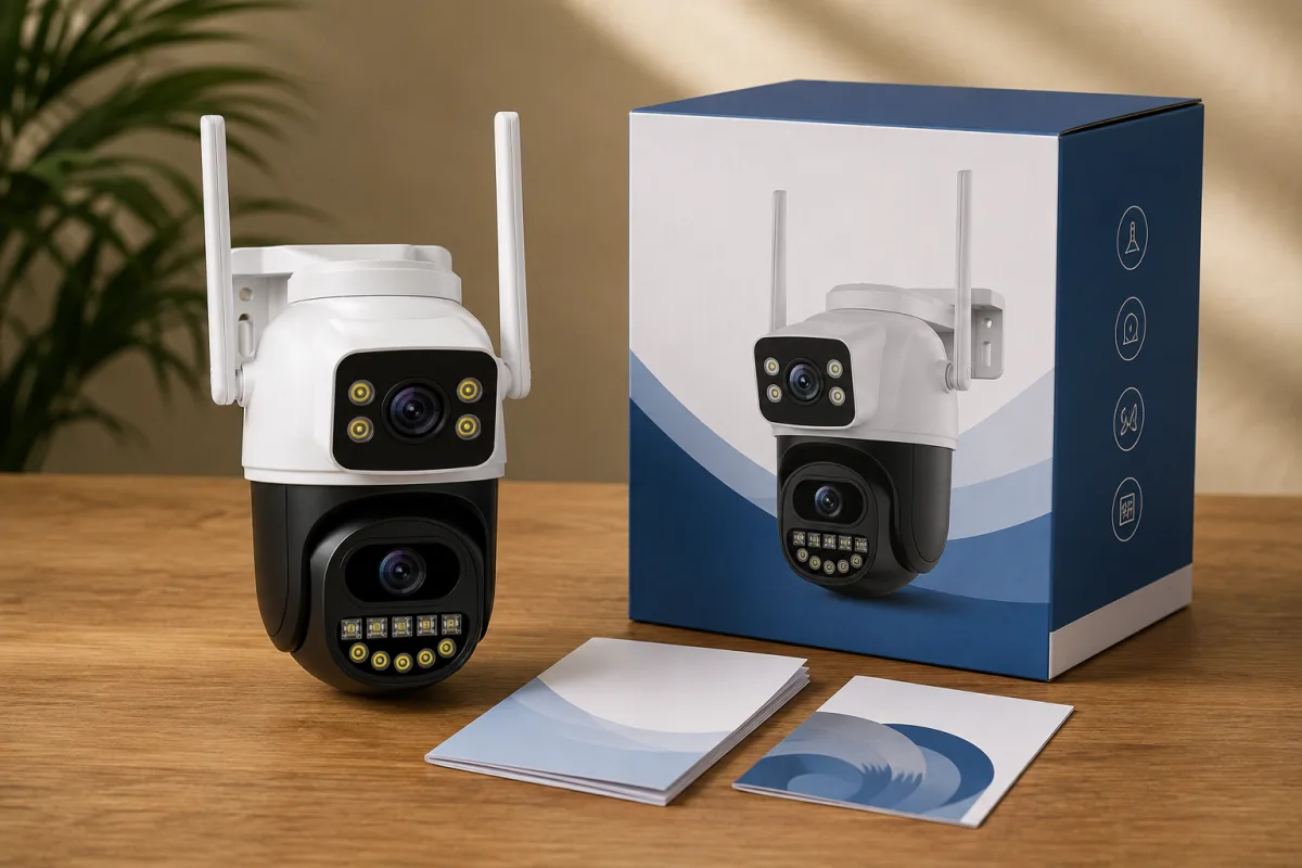Export-ready private-label dual-lens camera with retail box, manual and certification documents for Latin American markets