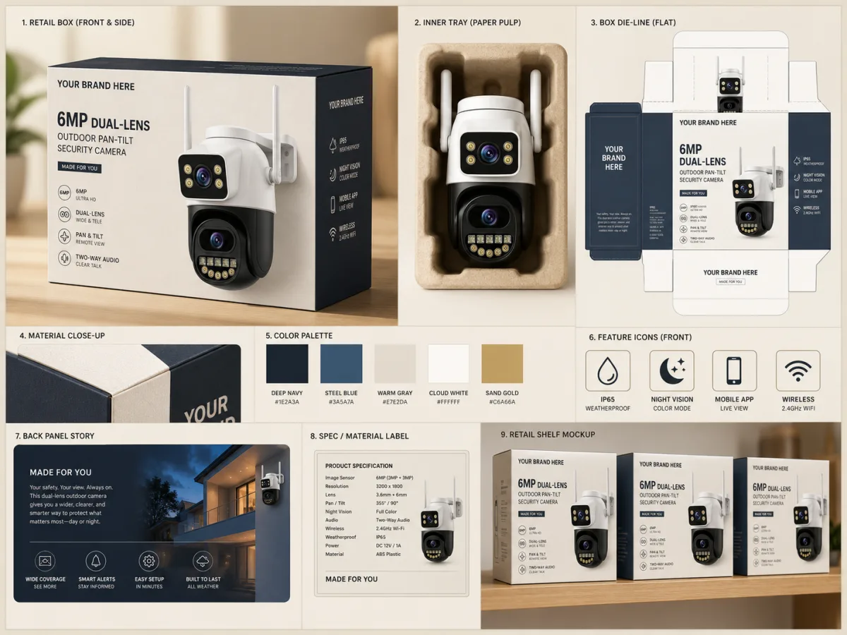 Private-label packaging showcase board for a dual-lens outdoor security camera — retail box, inner tray, dieline, material and color options ready for a seller's own brand