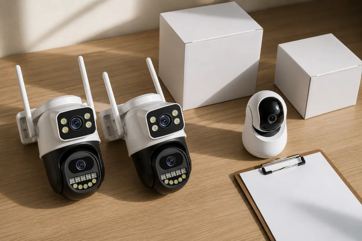 A small mixed first order of indoor and outdoor security cameras with plain boxes — sizing a trial order across SKUs