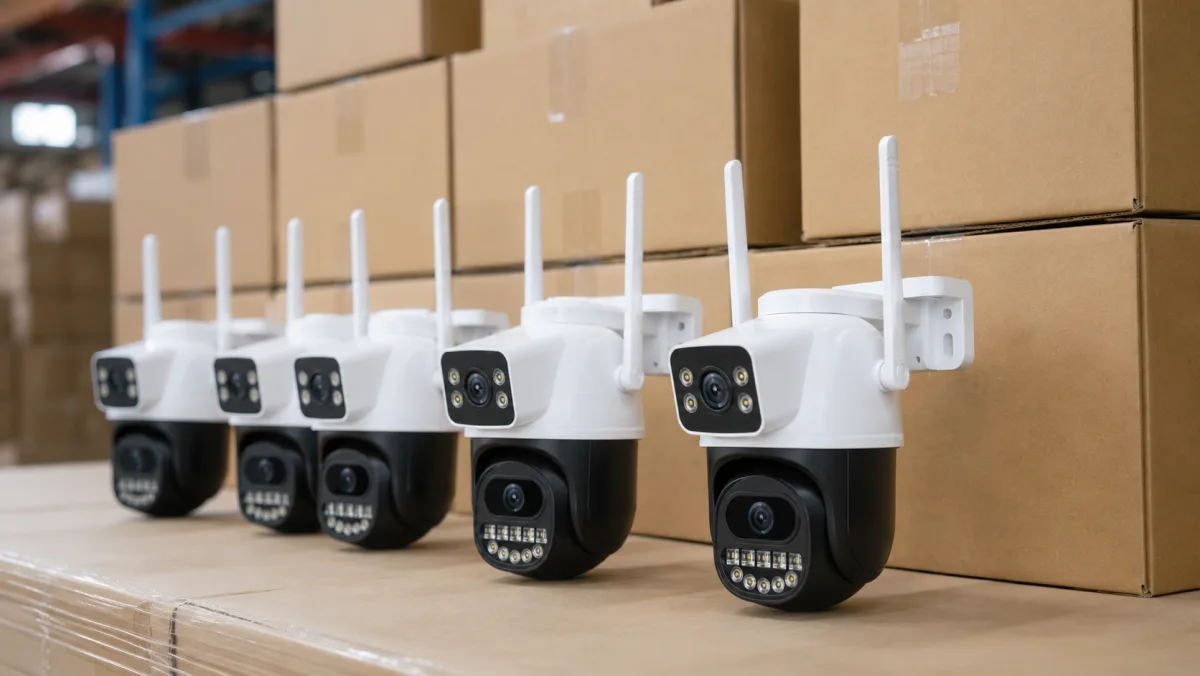 A row of FLC-800PO dual-lens security cameras in front of shipping cartons — a bulk security camera order