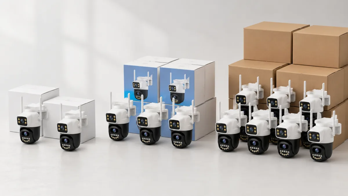 Three security camera order sizes — small stock, mid white-label and large OEM-branded — illustrating MOQ tiers