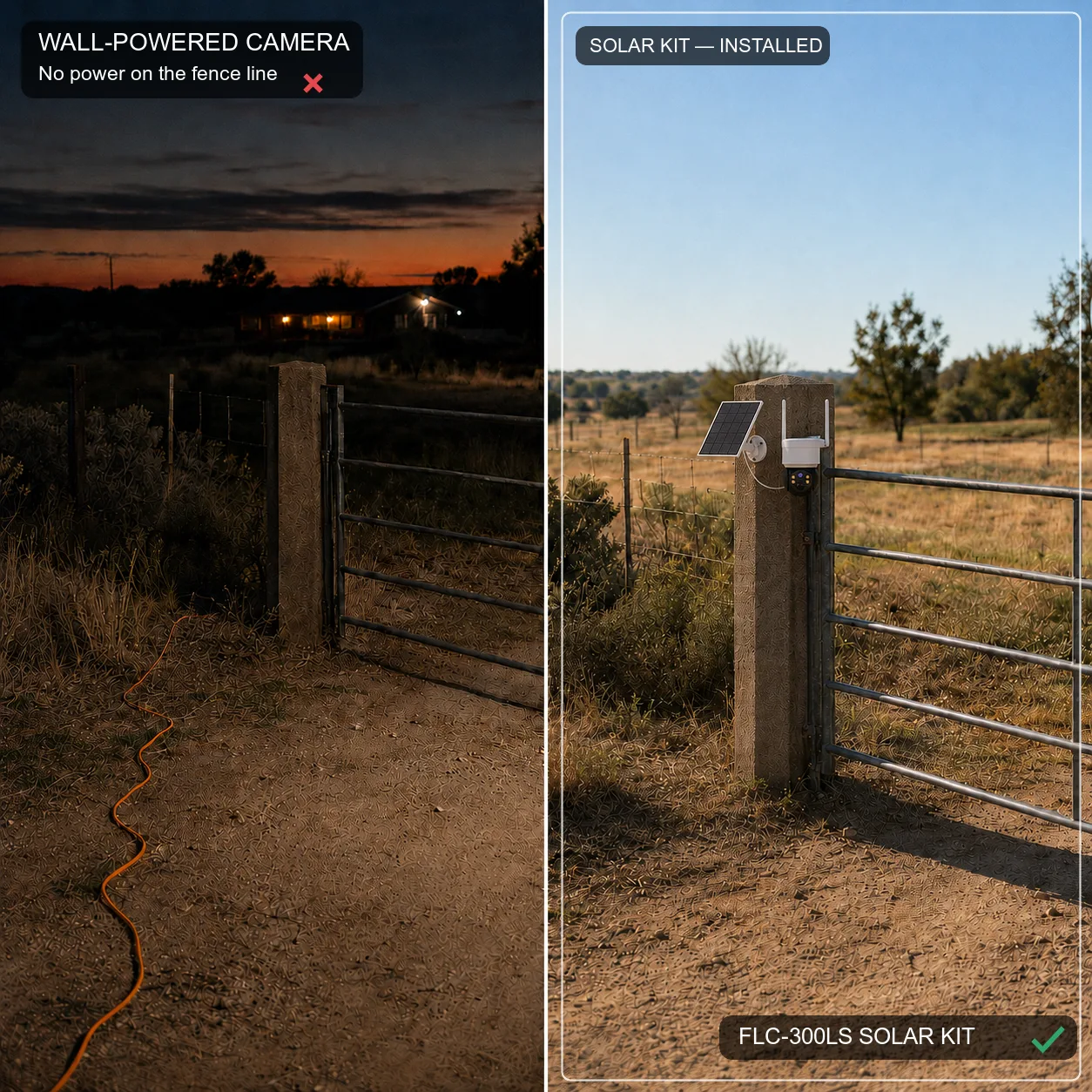 Farm gate with no power and an extension cord falling short, compared with the FLC-300LS solar kit installed on the gate post