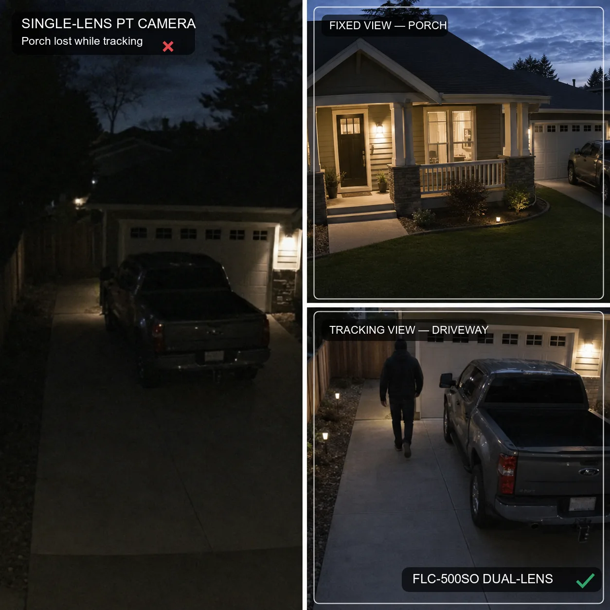 Single-lens camera losing the porch while tracking, compared with FLC-500SO dual-lens holding the porch and driveway at once