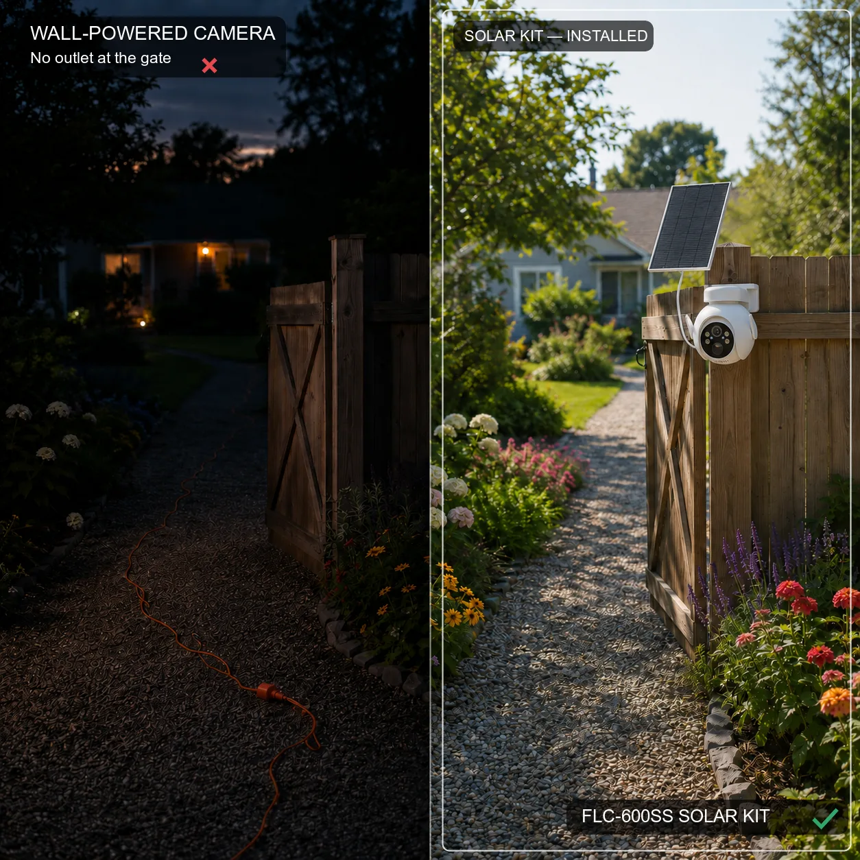 Garden gate with no outlet and an extension cord falling short, compared with the FLC-600SS solar kit installed with no wiring