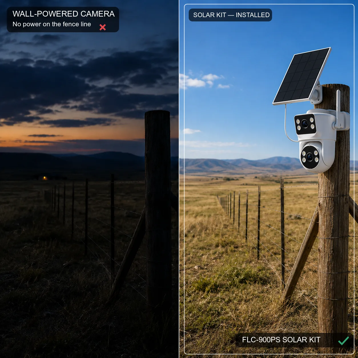Ranch fence line with no power at dusk, compared with the FLC-900PS solar kit installed on the boundary post