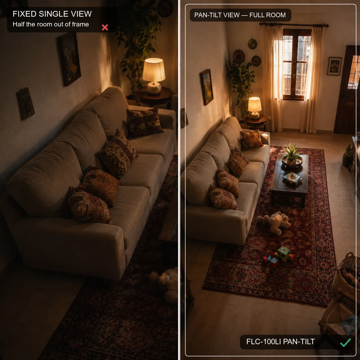 Fixed single camera view missing half the room, compared with pan-tilt coverage holding the whole living room in frame
