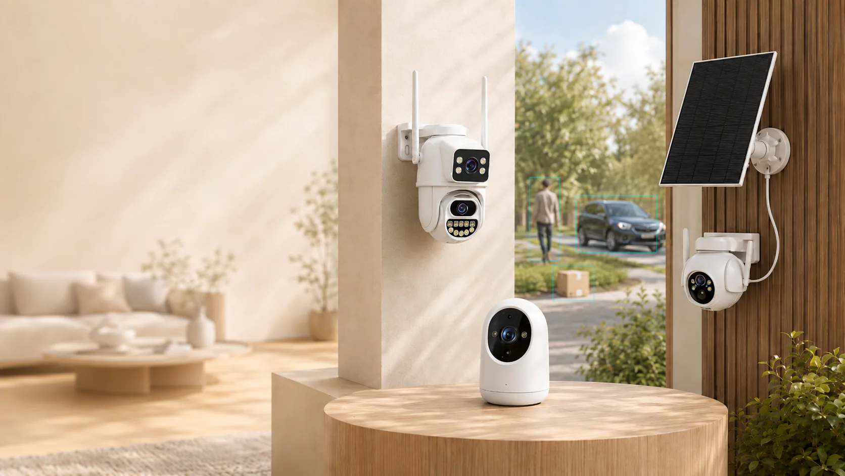 FAELAN AI camera range with indoor, outdoor and solar camera models