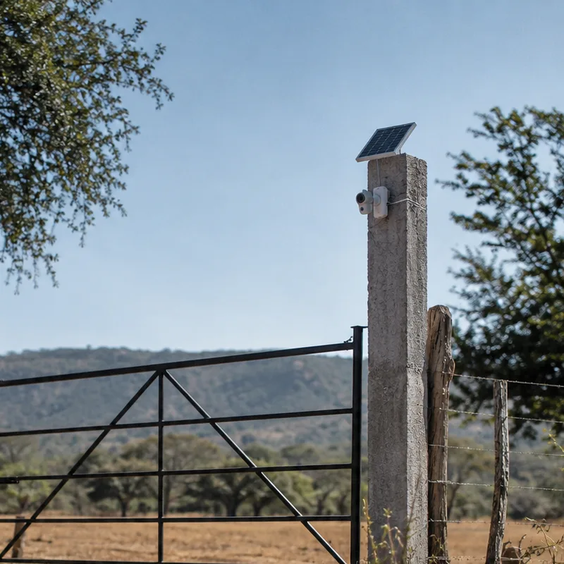 Solar camera kit installed on a gate post watching a rural property entrance