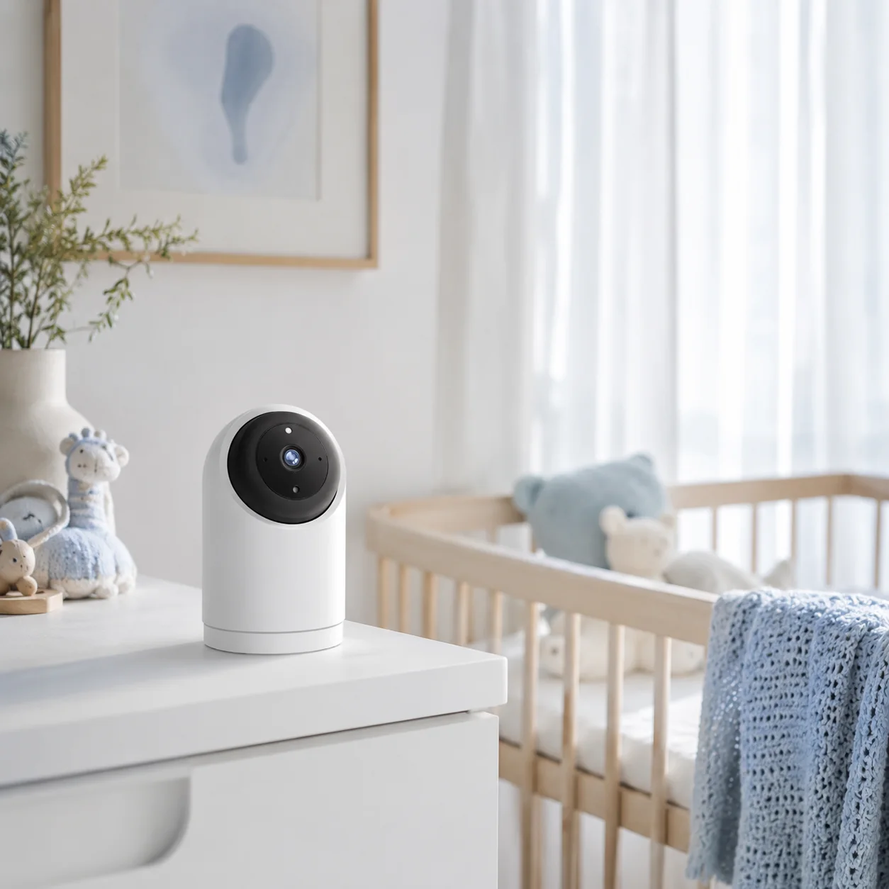 FLC-100LI white spherical indoor camera on a dresser in a bright minimalist nursery in morning light