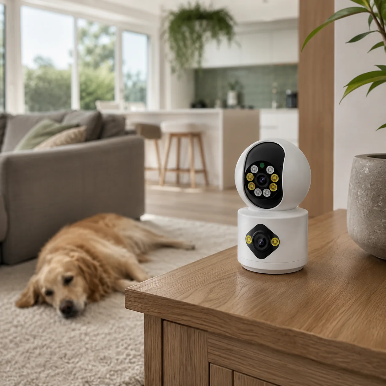 FLC-400SI white dual-lens indoor camera on a console table in a modern open-plan living room with a dog resting nearby
