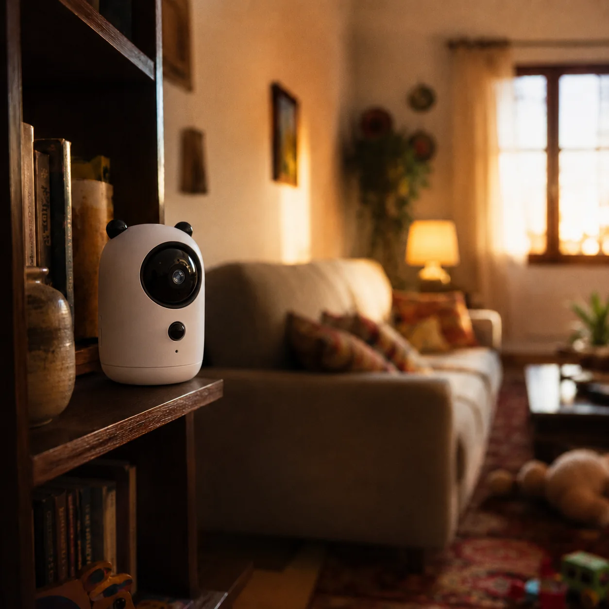 FLC-700PI indoor pan-tilt camera on a bookshelf in a warm family living room at dusk